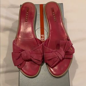 Prada pink suede bow slide sandals. Size 40.5